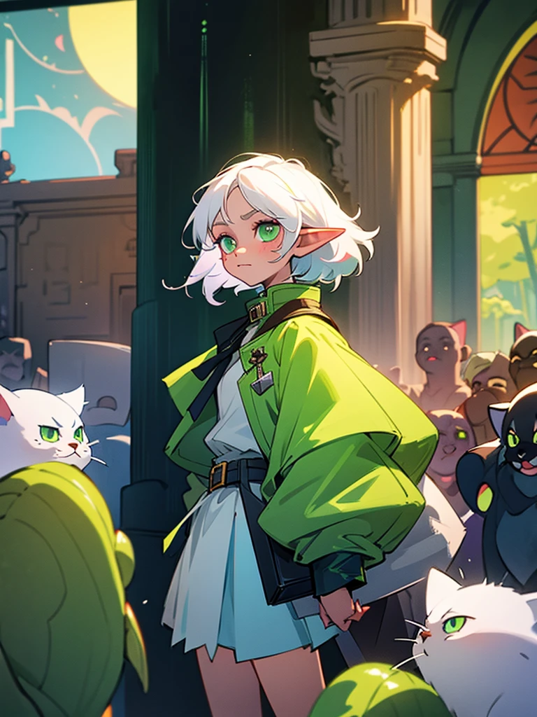 Girl  elf with white hair and green iridescent eyes in a skirt and a coat on her shoulders, a bag with a cat inside