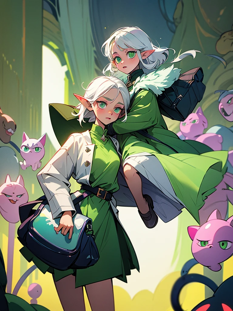 Girl 16 years old elf with white hair and green iridescent eyes in a skirt and a coat on her shoulders, a bag with a cat inside