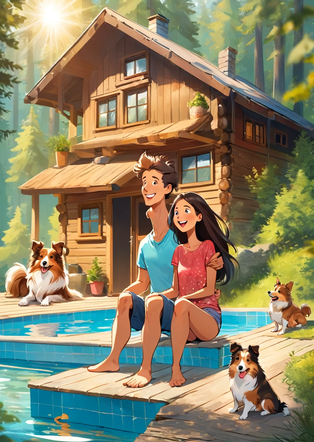 Forest cabin.
young couple. man Woman.
sheltie dog
joy
luck
chill
sun
love.
holiday
entertainment.
laughter
Forest cabin.
Outdoor swimming pool. the woman is shorter than him