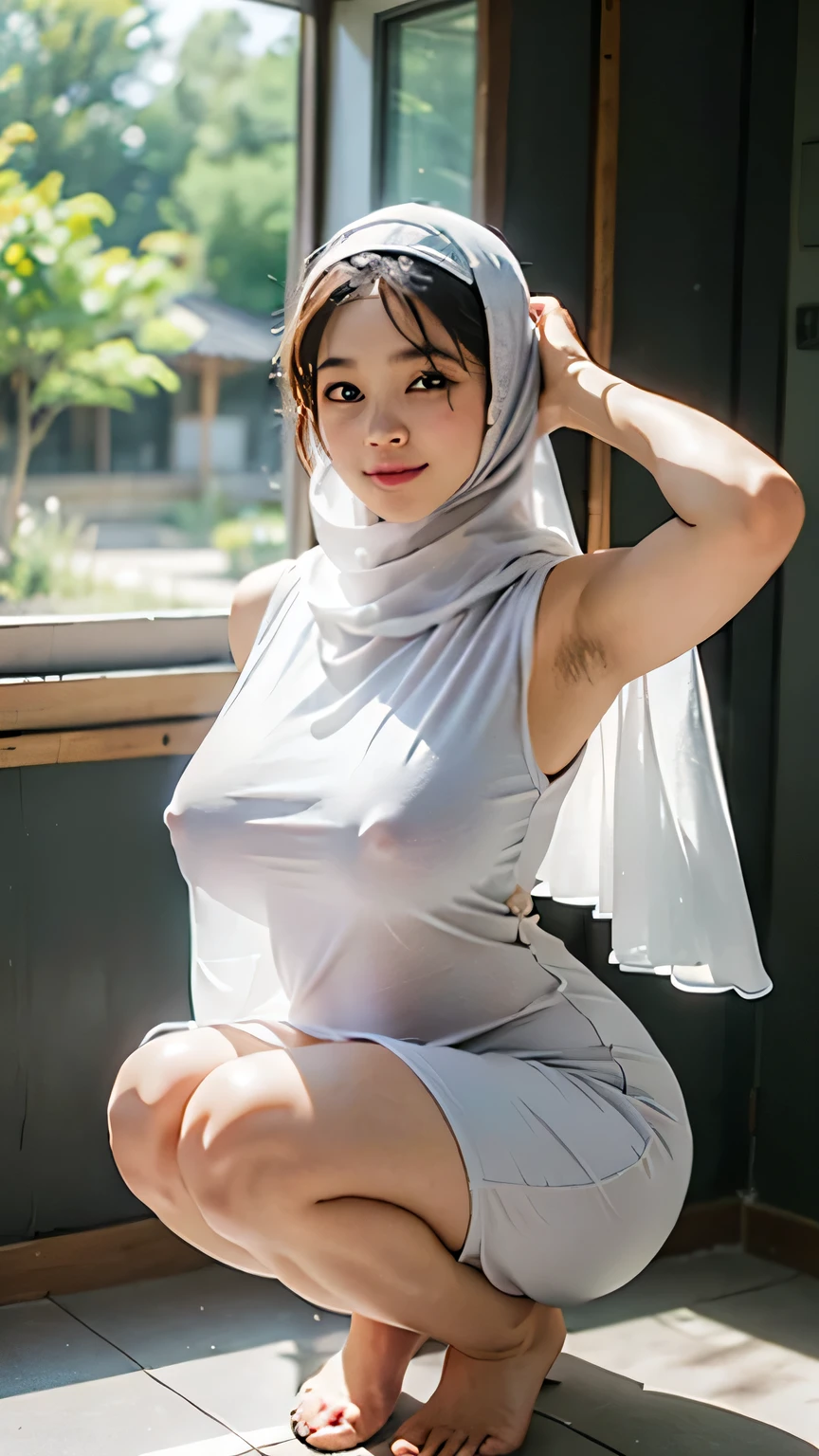 ((Realistic)), ((best quality photo)), ((Masterpiece)), shot on Canon EOS 500 D, beautiful young woman hijab, (((big breast))), (breast covered), (big breast), bare breast, perfect face, (((big breast,))), sleeveless chiffon long dress, thin dress, (((covering body, long veil))), Slim Face、, stil young, fit body, Pretty Lady, curvy shaped body, breast emphasis, armpit showing, hands up, fat vagina, tight thighs, fat belly, cameltoe, smile eyes, inside bathroom, squatting, enormous hips, back view, full body shot, barefoot, erotic