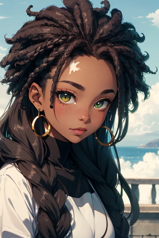 masterpiece, best quality, best quality, masterpiece, anime style, a closeup of a woman, afro girl design, anime image, long hair, black hair, afro hair, black skin, vitiligo skin, heterochromia eyes, polished and warm look, tall, freckles, cheerful, colorful, colors, 1girl, afro braids, heterocromia, eye olive green and eye brown, dark skin, vitiligo, simple clothes, gloomy colors, simple clothing, cute, greek scenery, cloudy, gold hook earings.