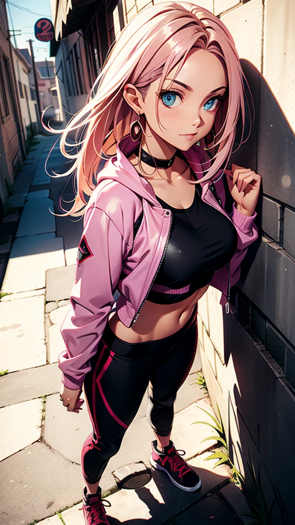 (masterpiece, best quality, 1girl, solo, intricate details, chromatic aberration), realistic, ((medium breath)),long hair, pink hair, red head ornament, pink highlights, hair over one eye,purple eyes, earrings, sharp eyes, choker, neon shirt, open jacket, crop top, (symmetry eyes),(perfect symmetrical body),against wall, brick wall, graffiti, dim lighting, alley ,look at viewer, woman at a gym, cute, front Pose, fitness girl, standing, erect Pose, symetrical, fitness model, skinny, Red sneakers, best qualityer, relaxed arms, hands down, ankle, fullbody view, stand straight with your back upright. Keep your shoulders back and maintain a straight line from your head to your feet.