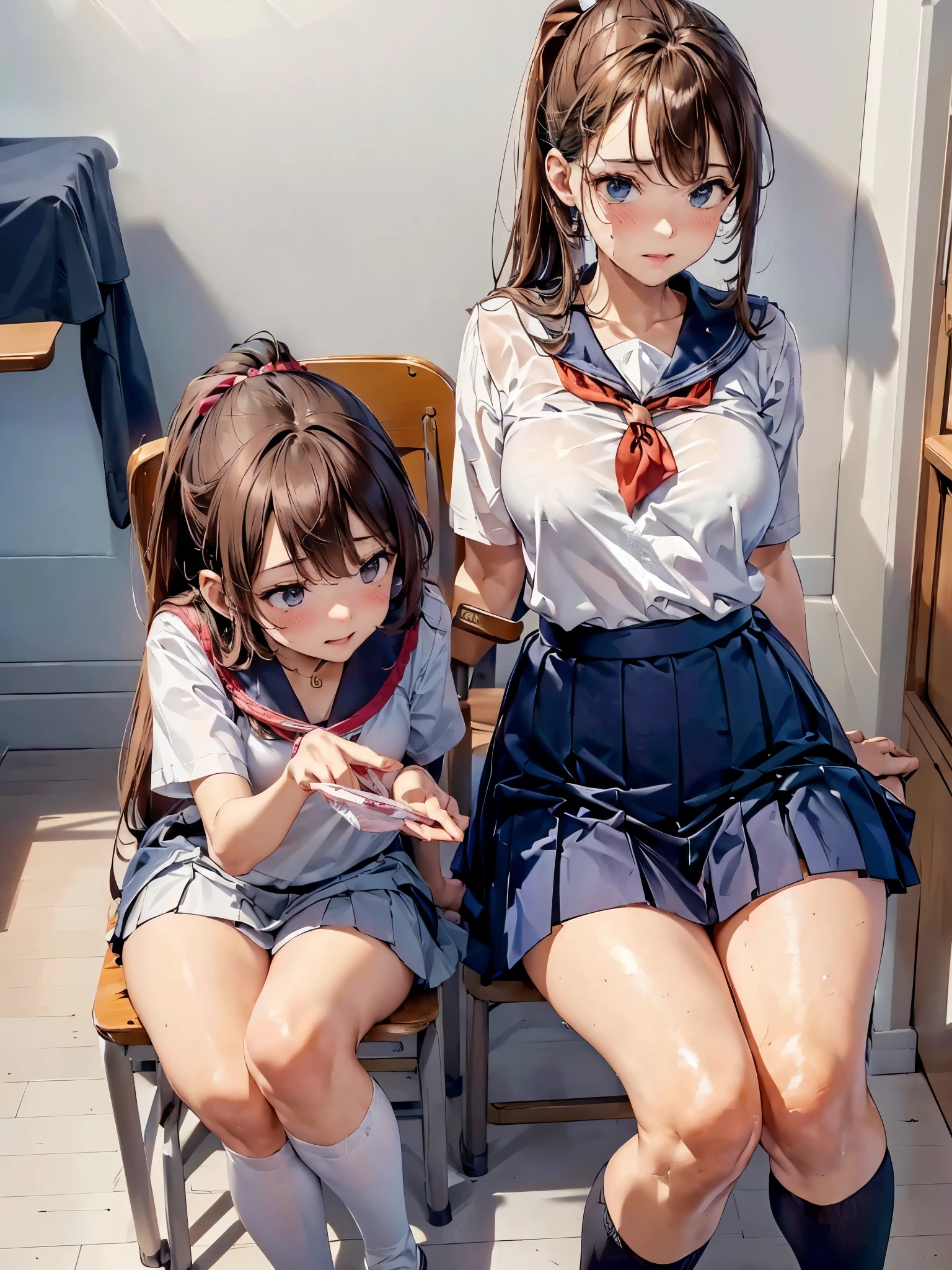 ((Top Quality, 8k, Masterpiece: 1.3)), little girl, uniform, dark blue skirt, ultra-detailed face, detailed lips, detailed eyes, double eyelids, slender figure, white shirt, wet shirt, empty classroom, playful, shiny black pantyhose, exposed breasts, exposed ass, high heels with ankle strap, detailed eyes, leggings, kissing each other, 4K high resolution, exposed breasts, exposed ass