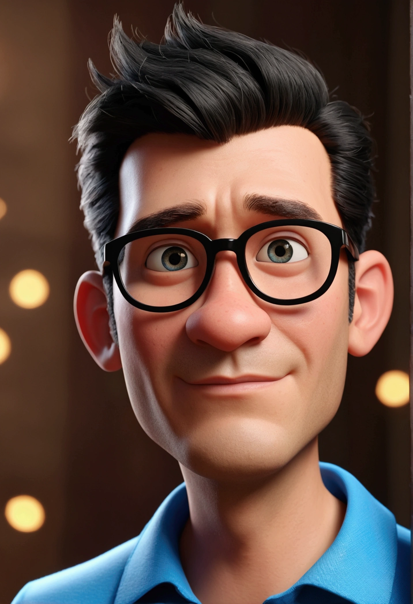 Cartoon character of a man in black glasses and blue shirt, an animated character, stylized character, animation style rendering, 3d stylized, Arnold Maya rendering, Stylized 3D rendering, toon render screenshot, 3d character, 3d character, Stylized 3D rendering, 3D character rendering, cartoon character, Personagem de close up, character posing, (Pixar-style) (master part:1.2) (bokeh) (best qualityer) (skin detailed) (detailed texture) (8k) (Argilla) (cinematic lighting) (sharp focus，Sit down and lift your upper body