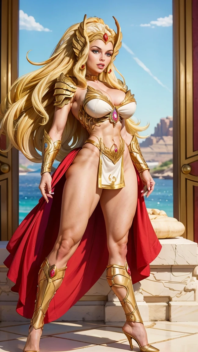 8K, ultra HD, Super details, high quality, High resolution. The heroine She-Ra looks beautiful in full body photo, her body is sculptural, Her long, wavy blonde hair is radiant in perfect combination with her white skin.. she is very sexy, drawing attention to her large breasts and thick legs .