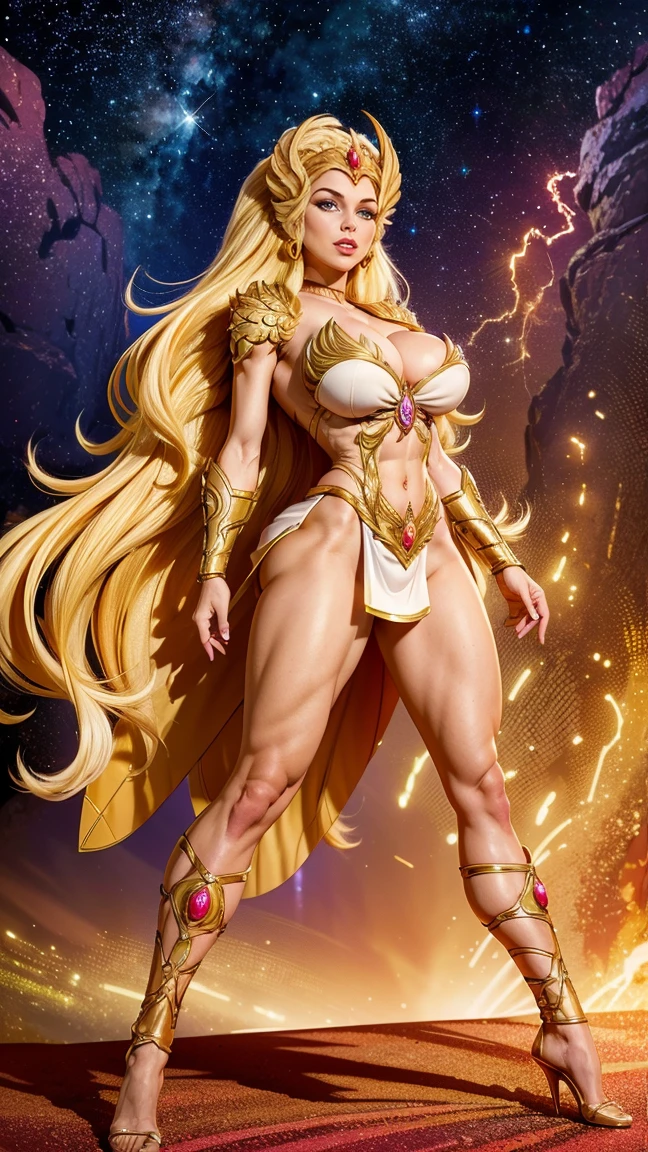 8K, ultra HD, Super details, high quality, High resolution. The heroine She-Ra looks beautiful in full body photo, her body is sculptural, Her long, wavy blonde hair is radiant in perfect combination with her white skin.. she is very sexy, drawing attention to her large breasts and thick legs .