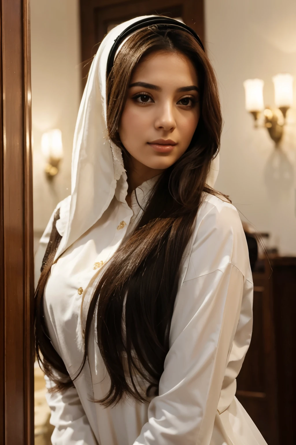 Arab woman with long hair, elegant and cute, height 1m60