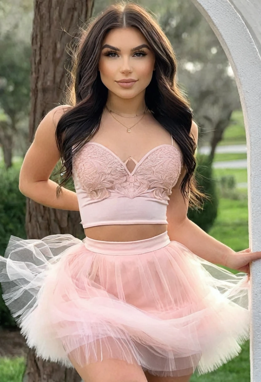 (((high quality:1.2))), Work of art, (8k), extremely detailed, ((High detail:1.2)) ((best resolution)), (Hotlexi woman), (Kenzie Reeves), Solo, ((24 years old brunette female)), (short feathered tulle skirt), (standing, close),