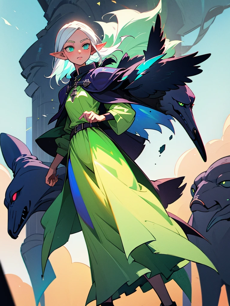 Girl 16 years old elf with white hair and green iridescent eyes in a skirt and a coat on her shoulders, a bag on the shoulder of a crow