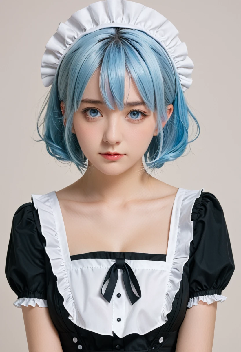 One girl, solo, Hide your ears, blue eyes, Sleepy, expression, Simple Background, Character portrait, Chest girth, Maid Head Accessories, Anime Style, Gothic art, High resolution, masterpiece, accurate, Highest quality, ロング丈のMaid clothes、Even bangs、short hair、Light blue hair、Maid clothes、呆れたexpression