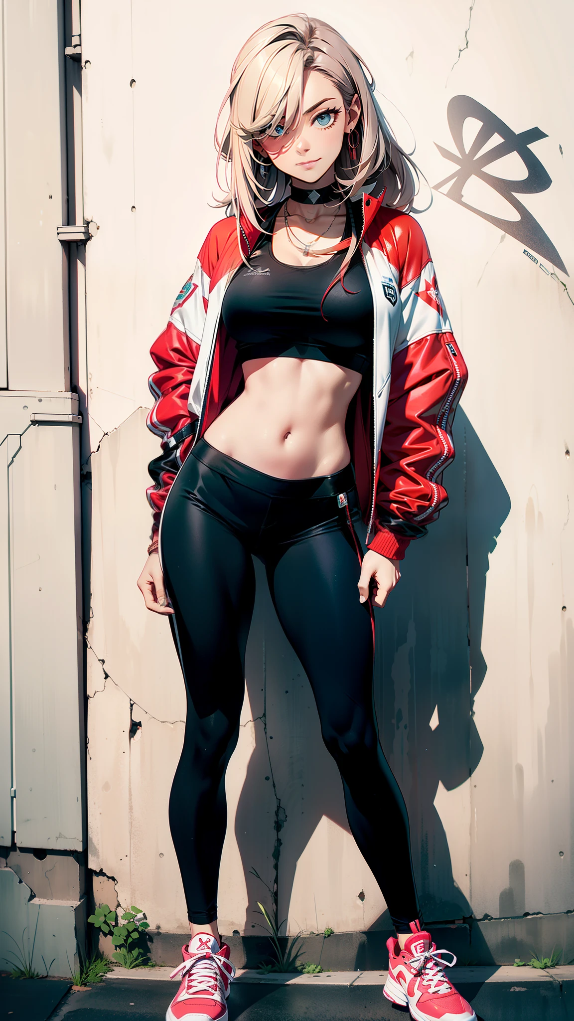 (masterpiece, best quality, 1girl, solo, intricate details, chromatic aberration), realistic, ((medium breath)),long hair, pink hair, red head ornament, pink highlights, hair over one eye,purple eyes, earrings, sharp eyes, choker, neon shirt, open jacket, crop top, (symmetry eyes),(perfect symmetrical body),against wall, brick wall, graffiti, dim lighting, alley ,look at viewer, woman at a gym, cute, front Pose, fitness girl, standing, erect Pose, symetrical, fitness model, skinny, Red sneakers, best qualityer, relaxed arms, hands down, ankle, fullbody view, stand straight with your back upright. Keep your shoulders back and maintain a straight line from your head to your feet.
