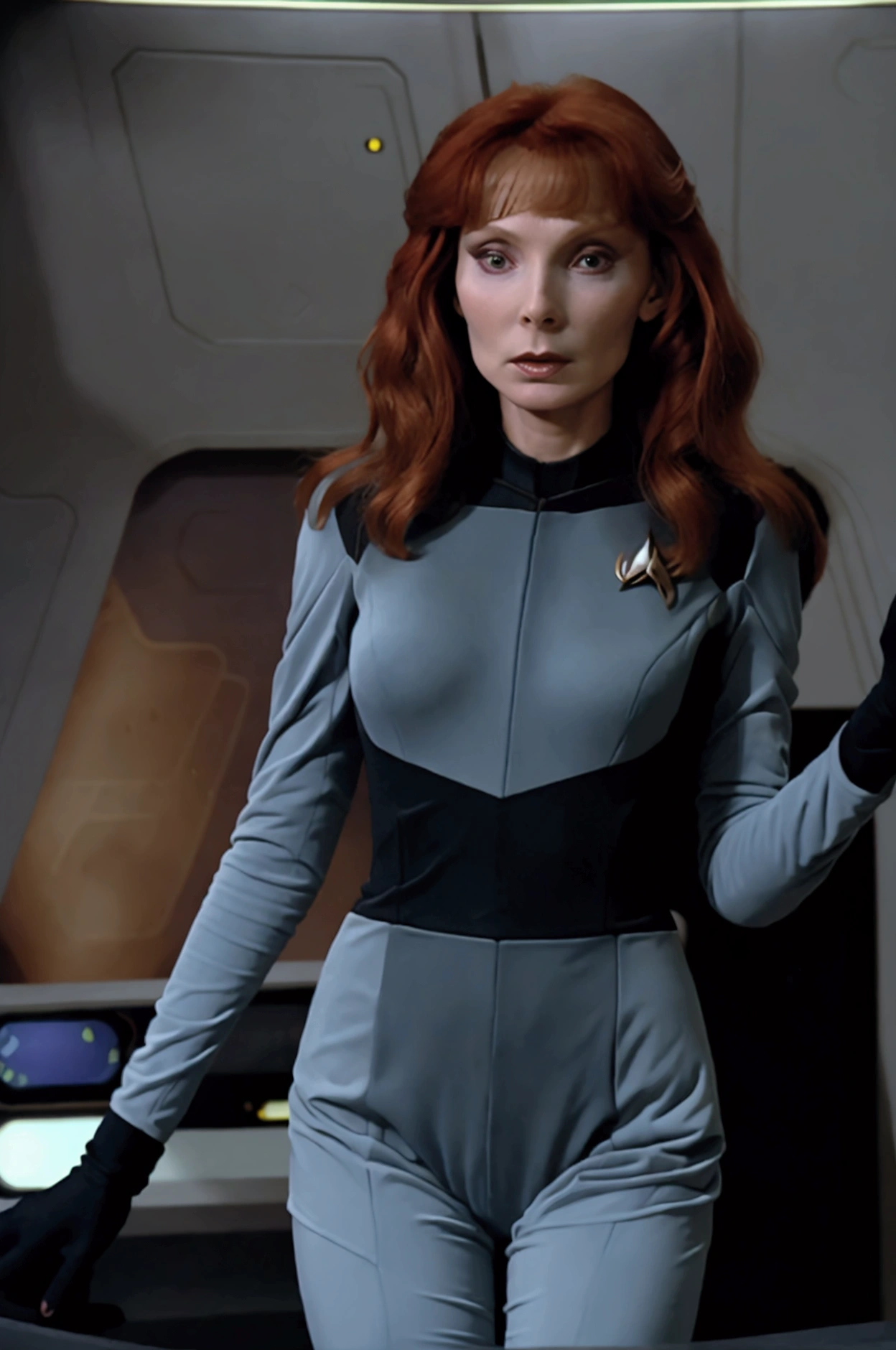 (Beverly Crusher, age 25, sexy revealing star fleet uniform) being a sexy smoldering hot seductress as she goes about her duties on the Enterprise starship