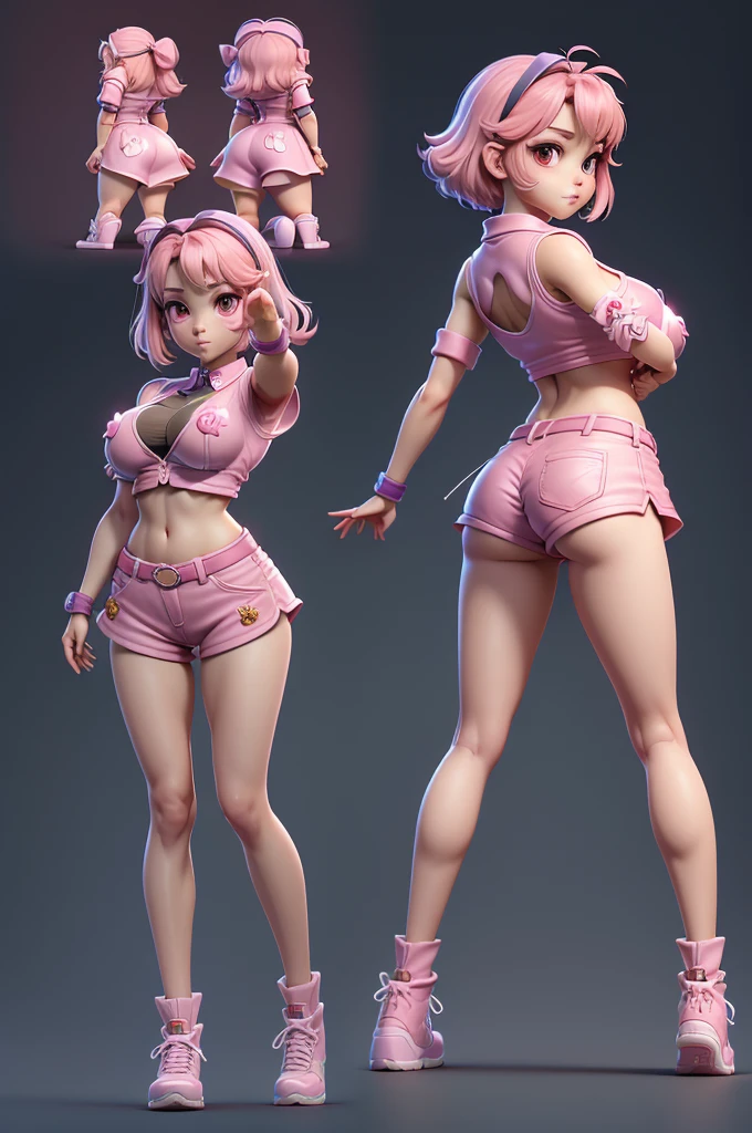 Mini Sakura, (sakura), solo, ray tracing, 3D style, 3DMM, ((3 poses per photo)), ((3 poses in each photo)), fully body,(Front view),(back vision), (view on the left), high waist shorts, show flat belly, (((3 poses per photo))),(very big tits), perfect tummy, perfect and symmetrical eyes, (perfect hands), fully body,Full body, full of detail