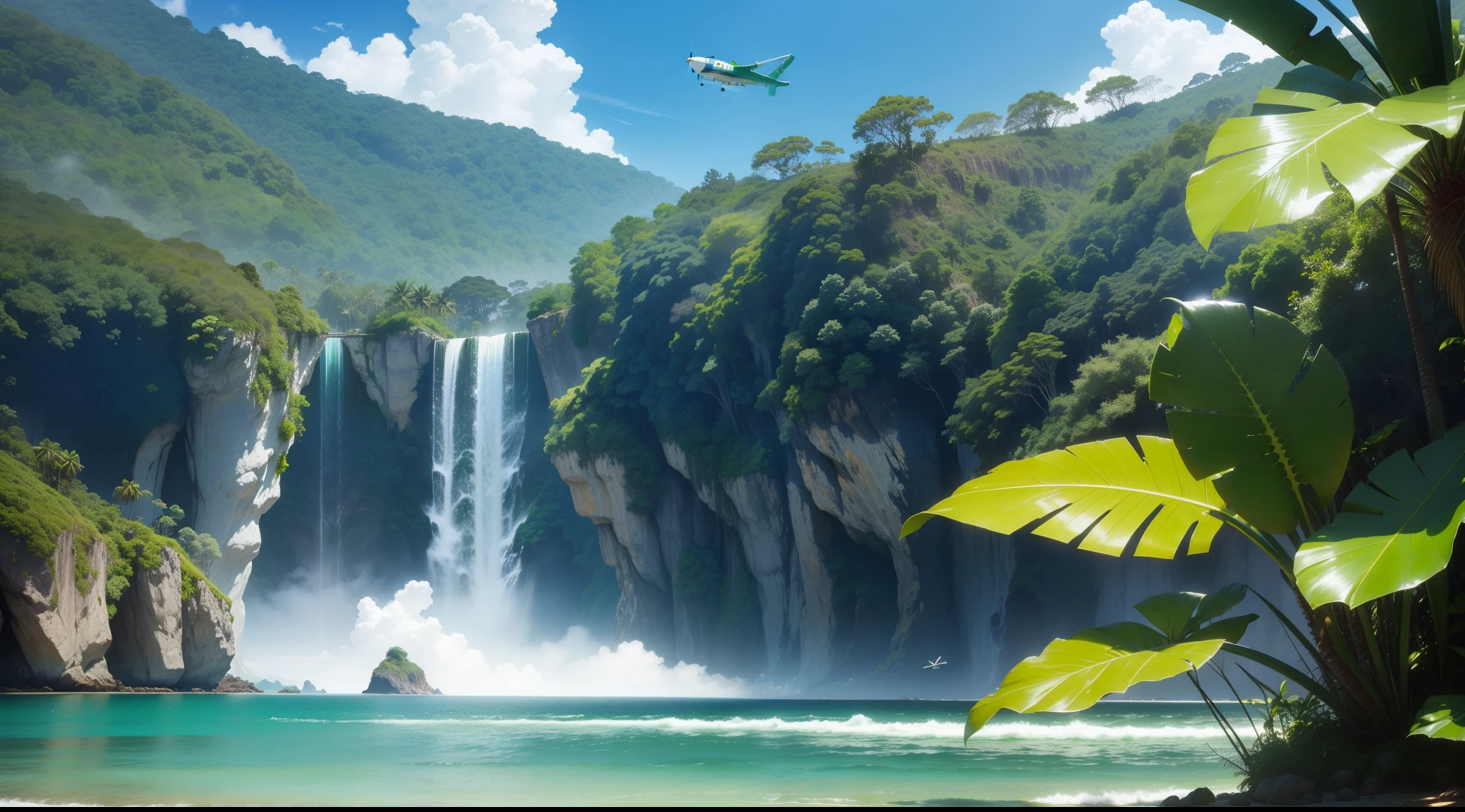 tropical rain forest,Ocean, Summer sky, Clean Energy,Green Environmental Protection,A small plane flies overhead