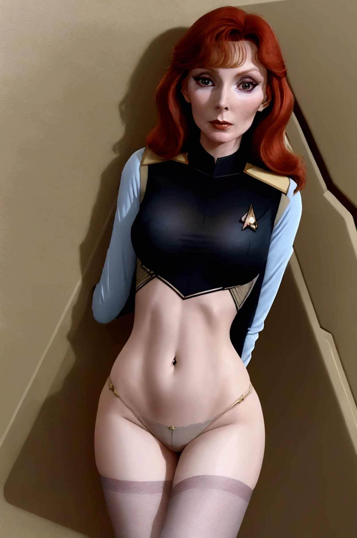 (Beverly Crusher, age 25, sexy revealing star fleet uniform) being a sexy smoldering hot seductress as she goes about her duties on the Enterprise starship