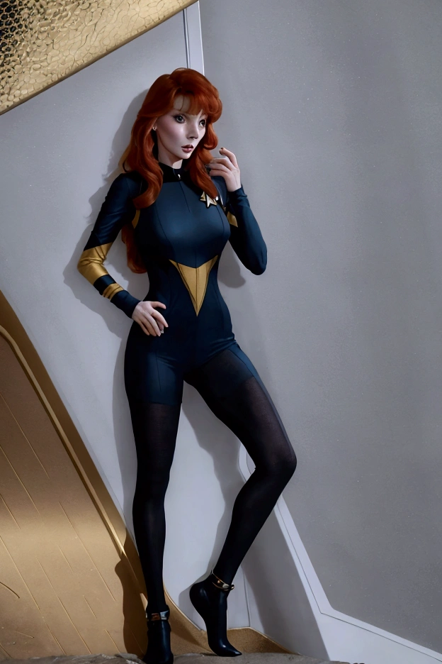 (Beverly Crusher, age 25, sexy revealing star fleet uniform) being a sexy smoldering hot seductress as she goes about her duties on the Enterprise starship
