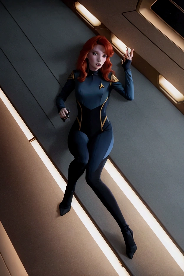 (Beverly Crusher, age 25, sexy revealing star fleet uniform) being a sexy smoldering hot seductress as she goes about her duties on the Enterprise starship