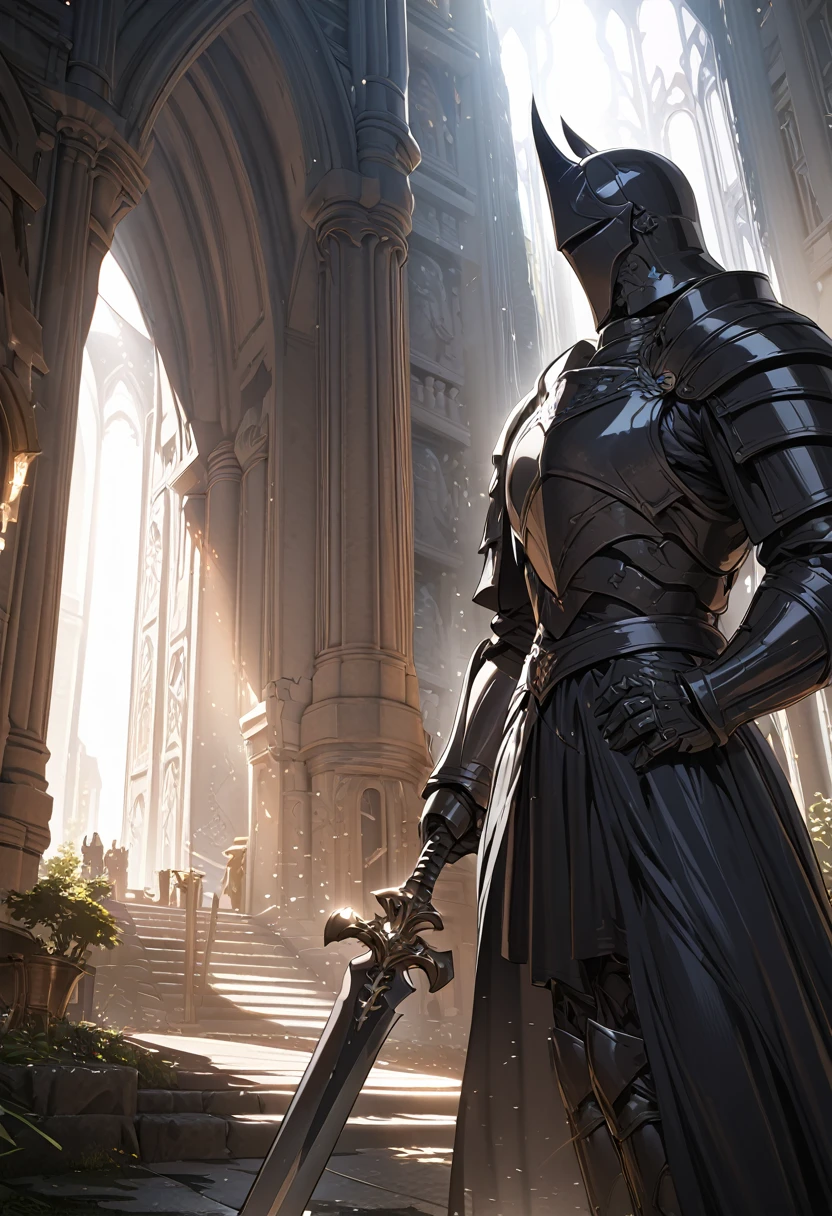 Dark fantasy, knight, black armor, black great sword, from side, High Resolution, Masterpiece, Award Winning, High Details, Quality, Super Detailed, Anatomically Correct,Unreal Engine, God Rays, Ray Tracing,