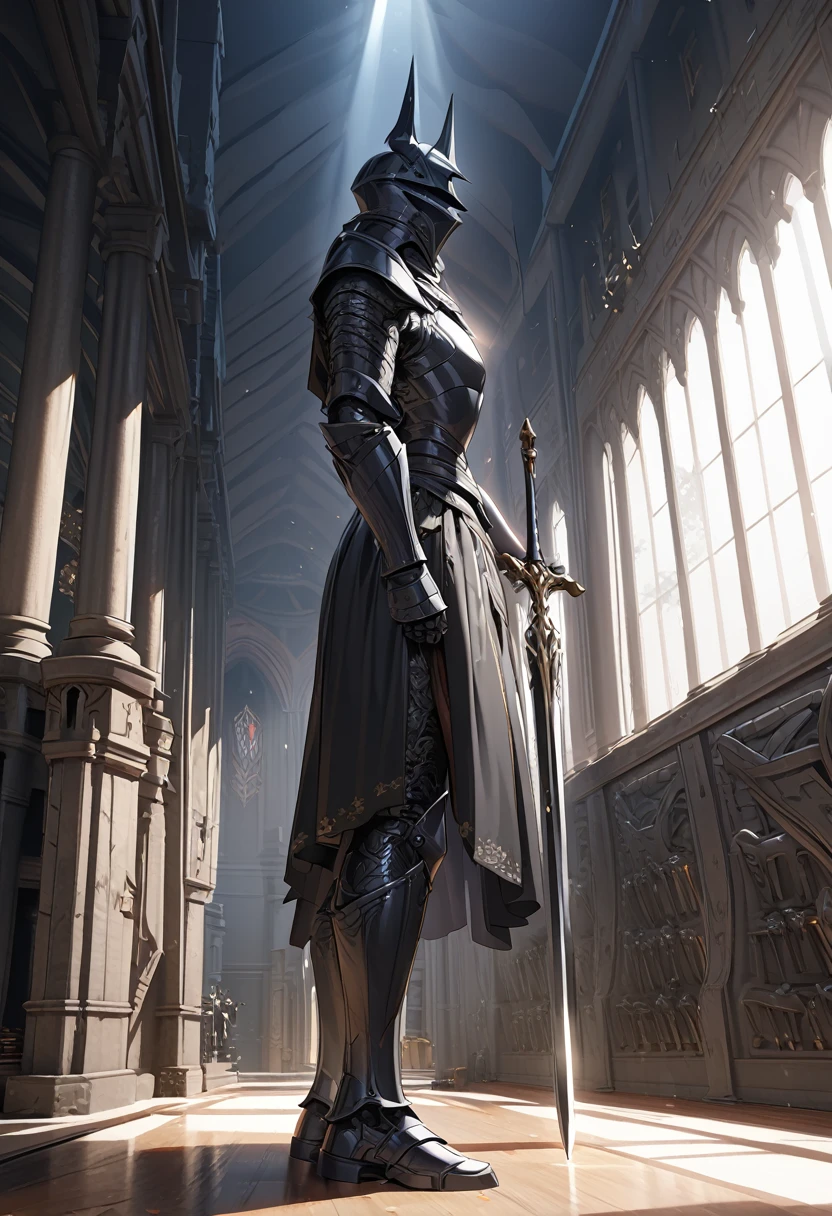 Dark fantasy, knight, black armor, black great sword, from side, High Resolution, Masterpiece, Award Winning, High Details, Quality, Super Detailed, Anatomically Correct,Unreal Engine, God Rays, Ray Tracing, 