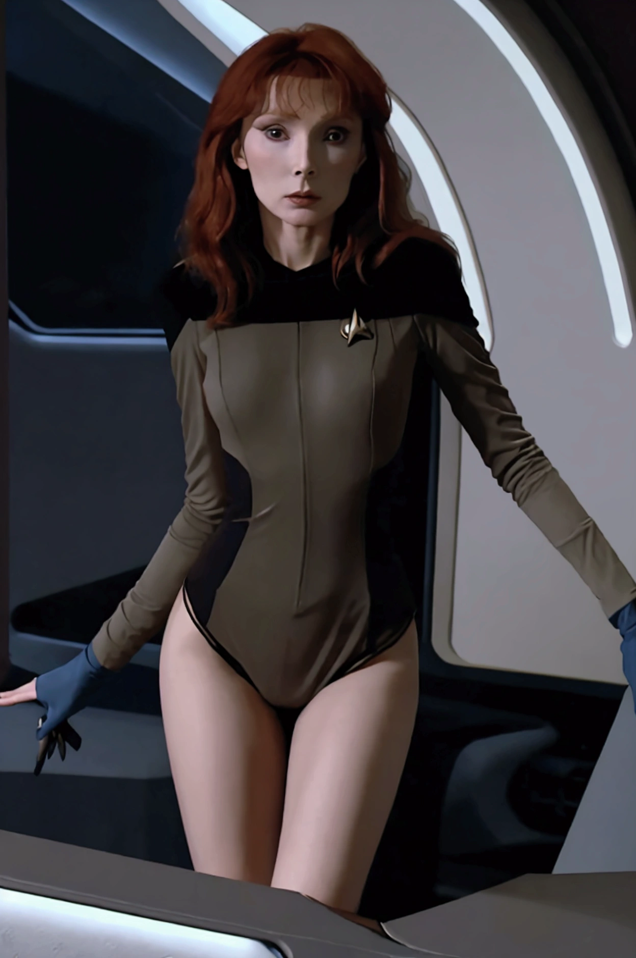 (Beverly Crusher, age 25, sexy revealing star fleet uniform) being a sexy smoldering hot seductress as she goes about her duties on the Enterprise starship
