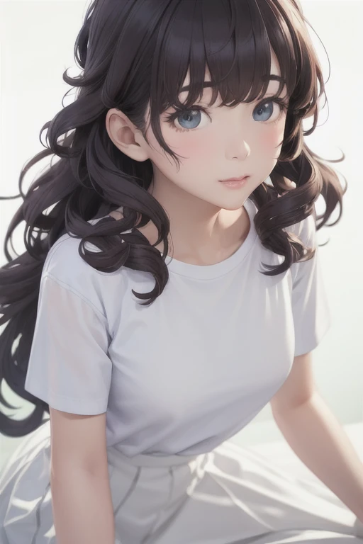 girl,Character design sheet,Beautiful attention to detail,Beautiful lip detail,Very detailed目と顔,Long eyelashes,Realistic,photoRealistic:1.37,Very detailed,Professional,Vibrant colors,Studio Lighting,Sharp focus,Physically Based Rendering,High resolution,超High resolution. blue eyes,Big eyes, Long Hair,Curly hair、Black Hair,Red cheeks,Droopy eyes,Small breasts,White T-shirt,White long skirt,