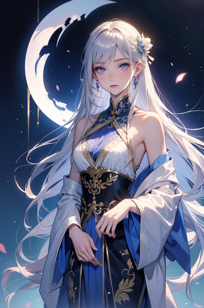 27 year old young man, Oriental clothing for 2040, female, long silver hair, deep blue eyes, Pale, soft skin, Silk robe draped over shoulders