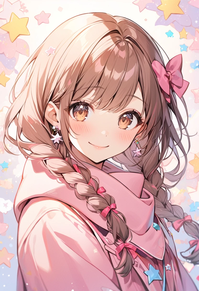 1girl, solo, long hair, looking at viewer, blush, smile, bangs, brown hair, white shirt, bow, pink coat, brown eyes, jewelry, closed mouth, pink scarf, upper body, pink hair, braid , hair bow, earrings, collared shirt, star \(symbol\), double braids, pink bow,