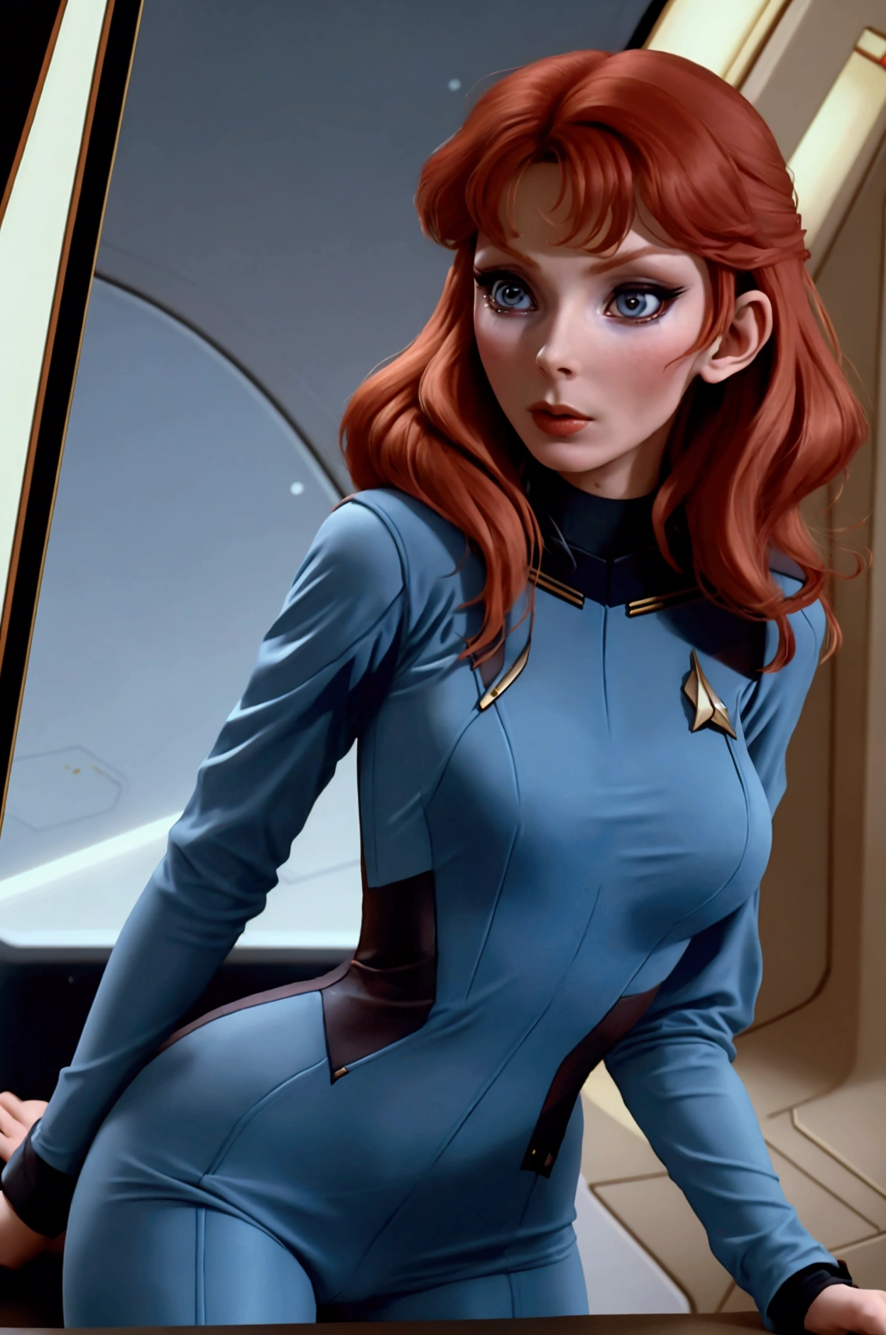 (Beverly Crusher, age 25, sexy revealing star fleet uniform) being a sexy smoldering hot seductress as she goes about her duties on the Enterprise starship
