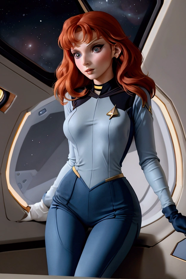 (Beverly Crusher, age 25, sexy revealing star fleet uniform) being a sexy smoldering hot seductress as she goes about her duties on the Enterprise starship
