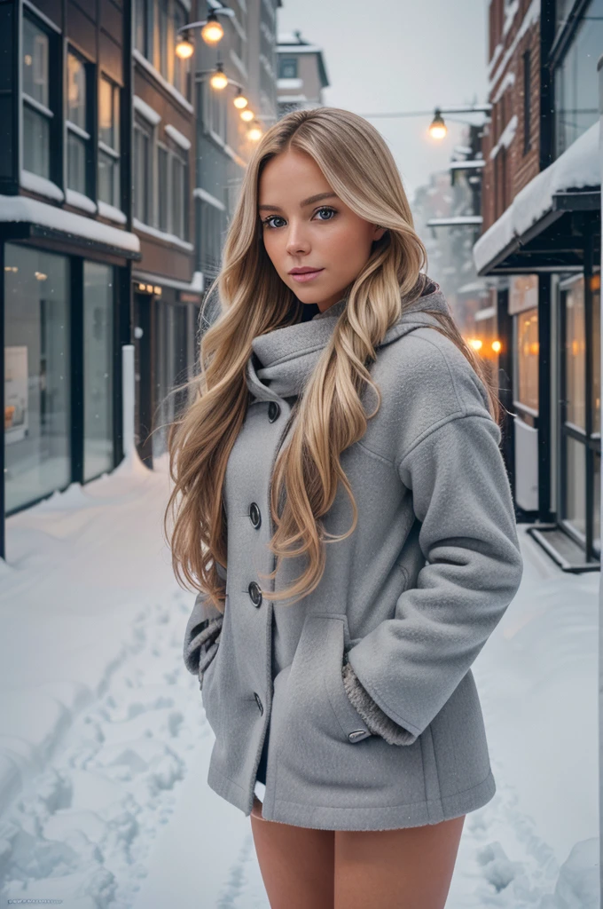 professional portrait photograph of a gorgeous Norwegian girl in winter clothing with long wavy blonde hair, sultry flirty look, gorgeous symmetrical face, cute natural makeup, wearing elegant warm winter fashion clothing, ((standing outside in snowy city street)), stunning modern urban environment, ultra realistic, concept art, elegant, highly detailed, intricate, sharp focus, depth of field, f/1. 8, 85mm, medium shot, mid shot, (((professionally color graded))), bright soft diffused light, (volumetric fog), trending on instagram, hdr 4k, 8k