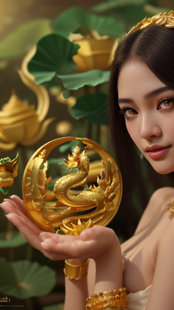1girl, beautiful detailed eyes, beautiful detailed lips, extremely detailed face, long eyelashes, slender figure, thai traditional dress, gold jewelry, intricate floral patterns, detailed lotus flowers, lush garden background, natural lighting, vibrant colors, high quality, photorealistic, concept art