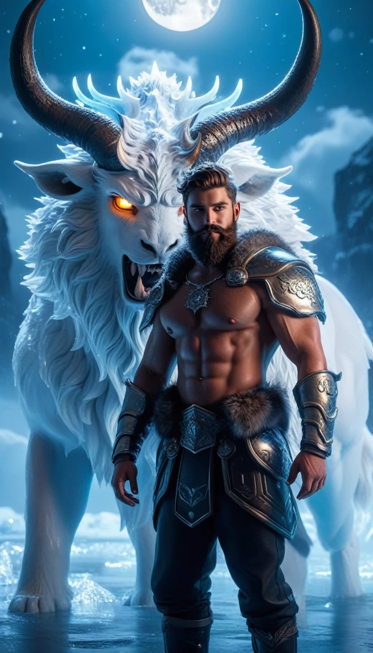 ((best quality)) , ((masterpiece)) , (detailed),horns, giant, glowing, glowing eyes, beard, male focus, 1boy, helmet, holding, facial hair, fur trim, teeth, muscular,((full body)),beautiful detailed glow, detailed ice, beautiful detailed water, (cold full moon), snowflake, (floating cloud:1.2)