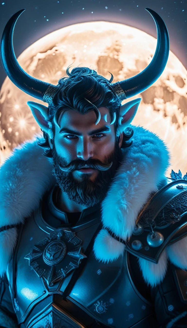 ((best quality)) , ((masterpiece)) , (detailed)，horns, giant, glowing, glowing eyes, beard, male focus, 1boy,  helmet, holding, facial hair, fur trim, teeth, muscular,((full body))，beautiful detailed glow, detailed ice, beautiful detailed water, (cold full moon), snowflake, (floating cloud:1.2)