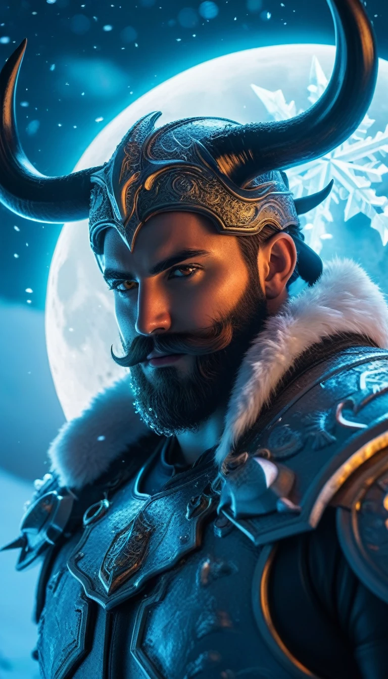 ((best quality)) , ((masterpiece)) , (detailed)，horns, giant, glowing, glowing eyes, beard, male focus, 1boy,  helmet, holding, facial hair, fur trim, teeth, muscular,((full body))，beautiful detailed glow, detailed ice, beautiful detailed water, (cold full moon), snowflake, (floating cloud:1.2)