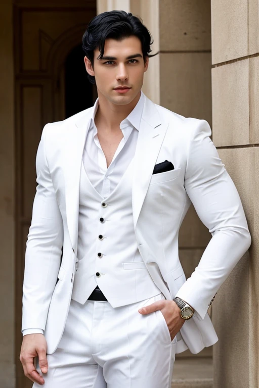 Make a muscular man, blue eyes, black hair, tall and with white skin and elegant clothes