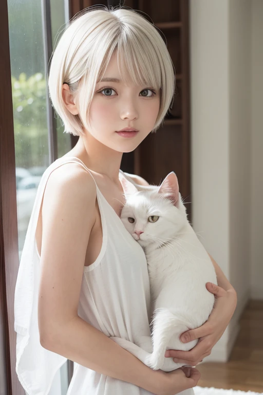 white cat years,1 girl,white short hair,