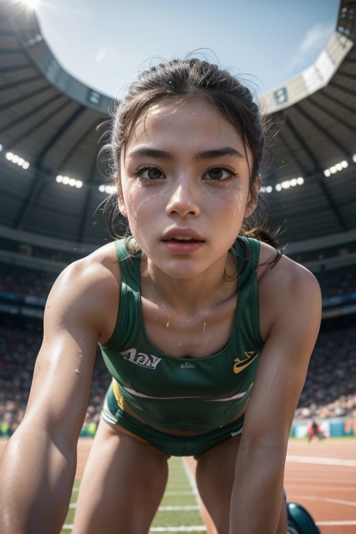 man, preparing for an athletics race, view from below, maximum detail, Play of light and shadows, ((perspiration detail)), (((professional photography capturing the best moment)))