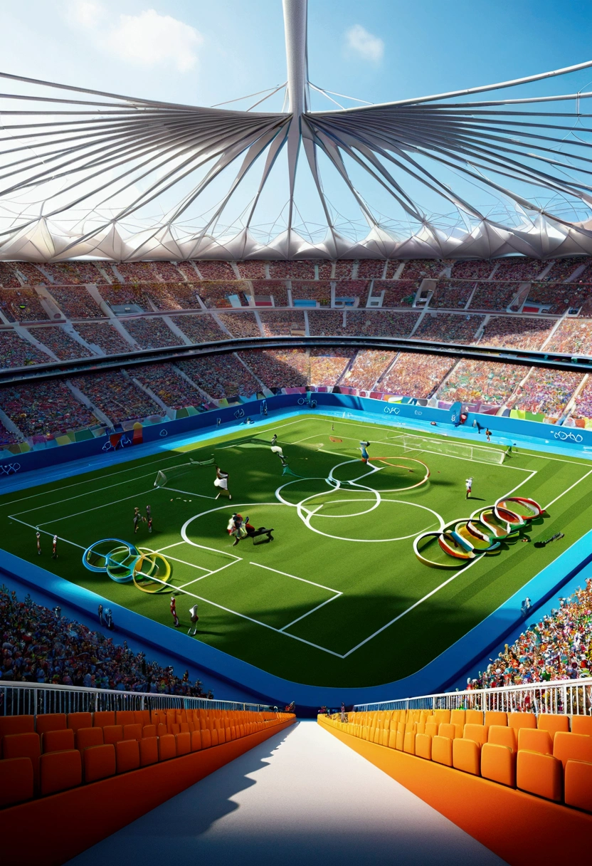 (Olympic Games), Olympic venue, in the style of playful cartoon illustration, realistic and hyper-detailed rendering, interactive media, realistic, detailed rendering, joyful chaos, full body, award-winning, cinematic still, emotional, vignette, dynamic, vivid, (masterpiece, best quality, photorealistic, Professional, perfect composition, very aesthetic, absurdres, ultra-detailed, intricate details:1.3)