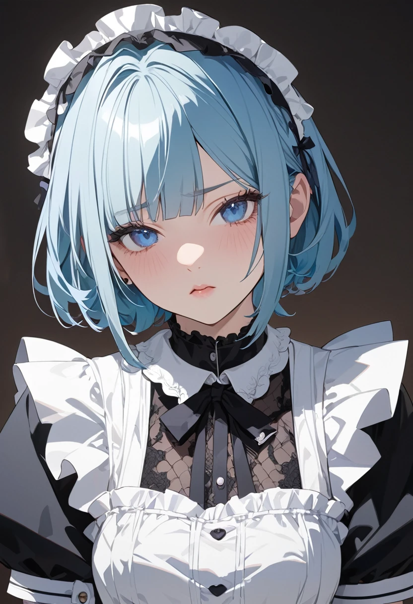 One girl, solo, Hide your ears, blue eyes, Sleepy, expression, Simple Background, Character portrait, Chest girth, Maid Head Accessories, Anime Style, Gothic art, High resolution, masterpiece, accurate, Highest quality, ロング丈のMaid clothes、Even bangs、short hair、Light blue hair、Maid clothes、呆れたexpression