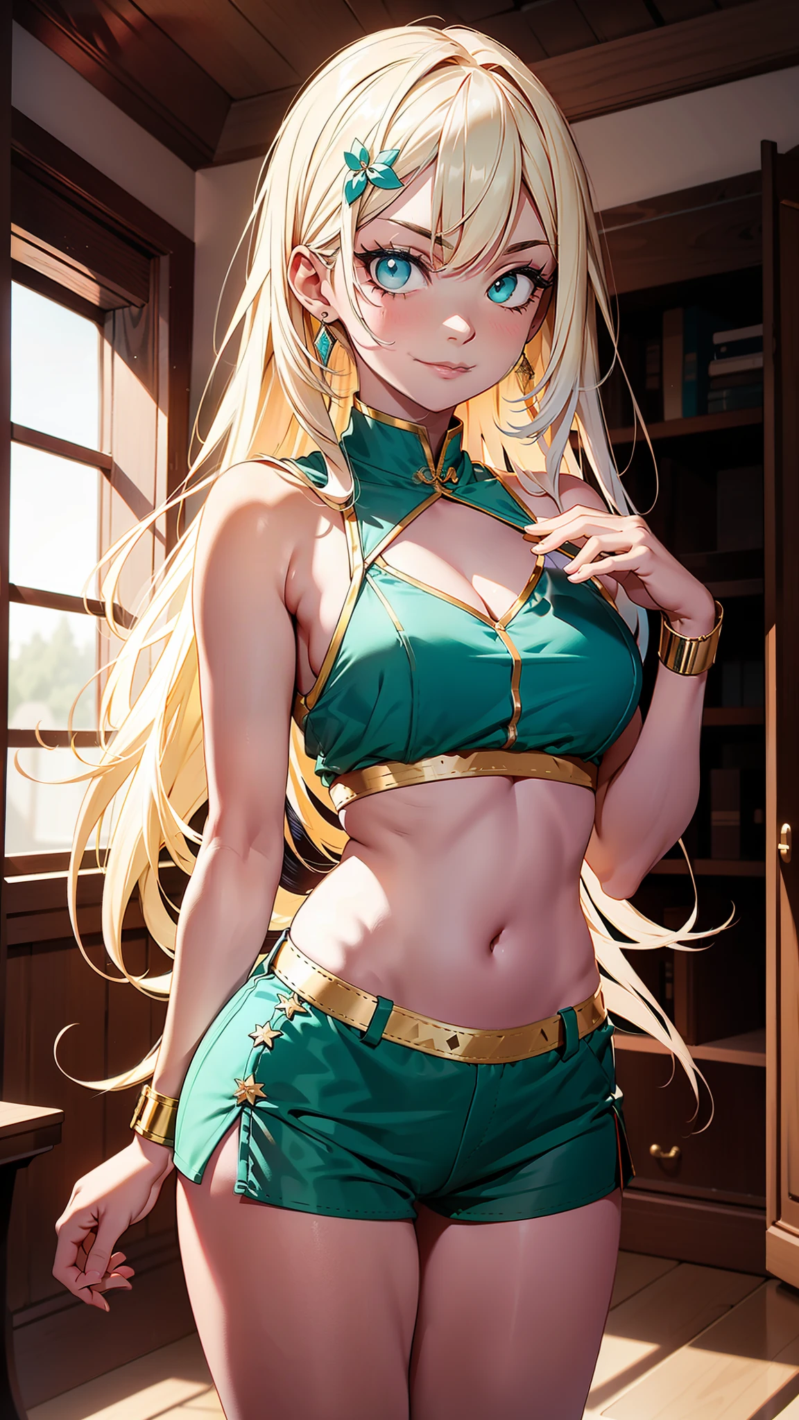 young girl, longue blonde hair, Hairpin with a bundle, turquoise eyes, red tight uniform, Sleeveless, Wide neckline on the chest to the abdomen, Gold Elements, Shorts, smirk, Masterpiece, hiquality, 4k, HD, Good details fullbody view, full body overview 