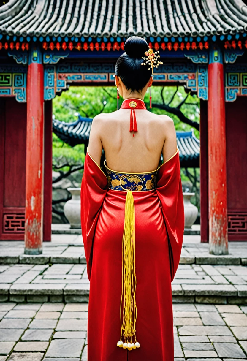 A full-body figure from the back that resembles Chinese actress Zhou Xun. The background is the stone paving outside a Chinese palace during the Qing dynasty. An empress from the Chinese palace during the Qing dynasty is standing in a red Hanfu, exposing only her large buttocks. She has pulled her loincloth down to show her buttocks. Her profile shows her large breasts. She is standing with her hair tied up and pulled up, wearing a Chinese empress crown.