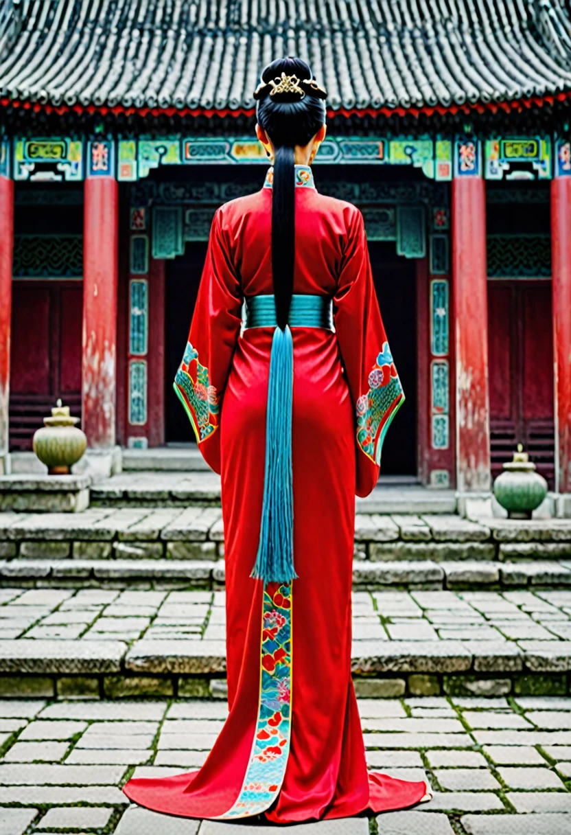 A full-body figure from the back that resembles Chinese actress Zhou Xun. The background is the stone paving outside a Chinese palace during the Qing dynasty. An empress from the Chinese palace during the Qing dynasty is standing in a red Hanfu, exposing only her large buttocks. She has pulled her loincloth down to show her buttocks. Her profile shows her large breasts. She is standing with her hair tied up and pulled up, wearing a Chinese empress crown.