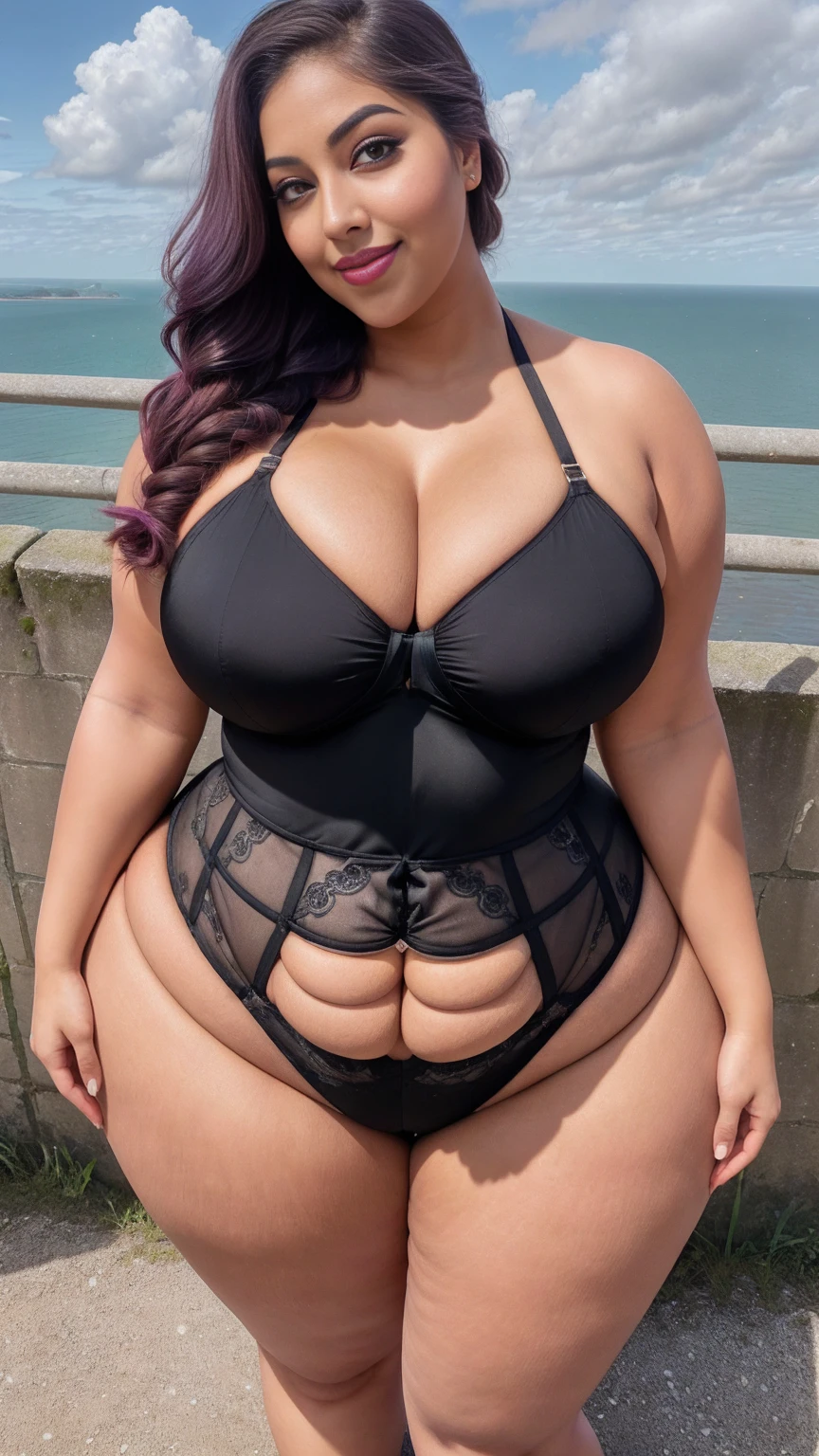 gorgeous curvy plus size Indian bengali actress ritavori , glowing eyes, wearing SHEIN Sensorimotor Kids Girls' Printed Halter One-Piece Swimsuit For Holiday , covered Bust, parted lips, blushing cheeks, thick thighs, bigger waist, busty, curvy plus size body, full body, full body shot, head to toe view, smoothning burgendy color hair with pfrench braid hairstyle, hourglass body, curvy plus size body, smile face, bigger waist, busty, big hips, fleshy thighs, thick thighs, busty, full body view, Mont Saint-Michel, France: Island commune with a stunning abbey and medieval architecture
