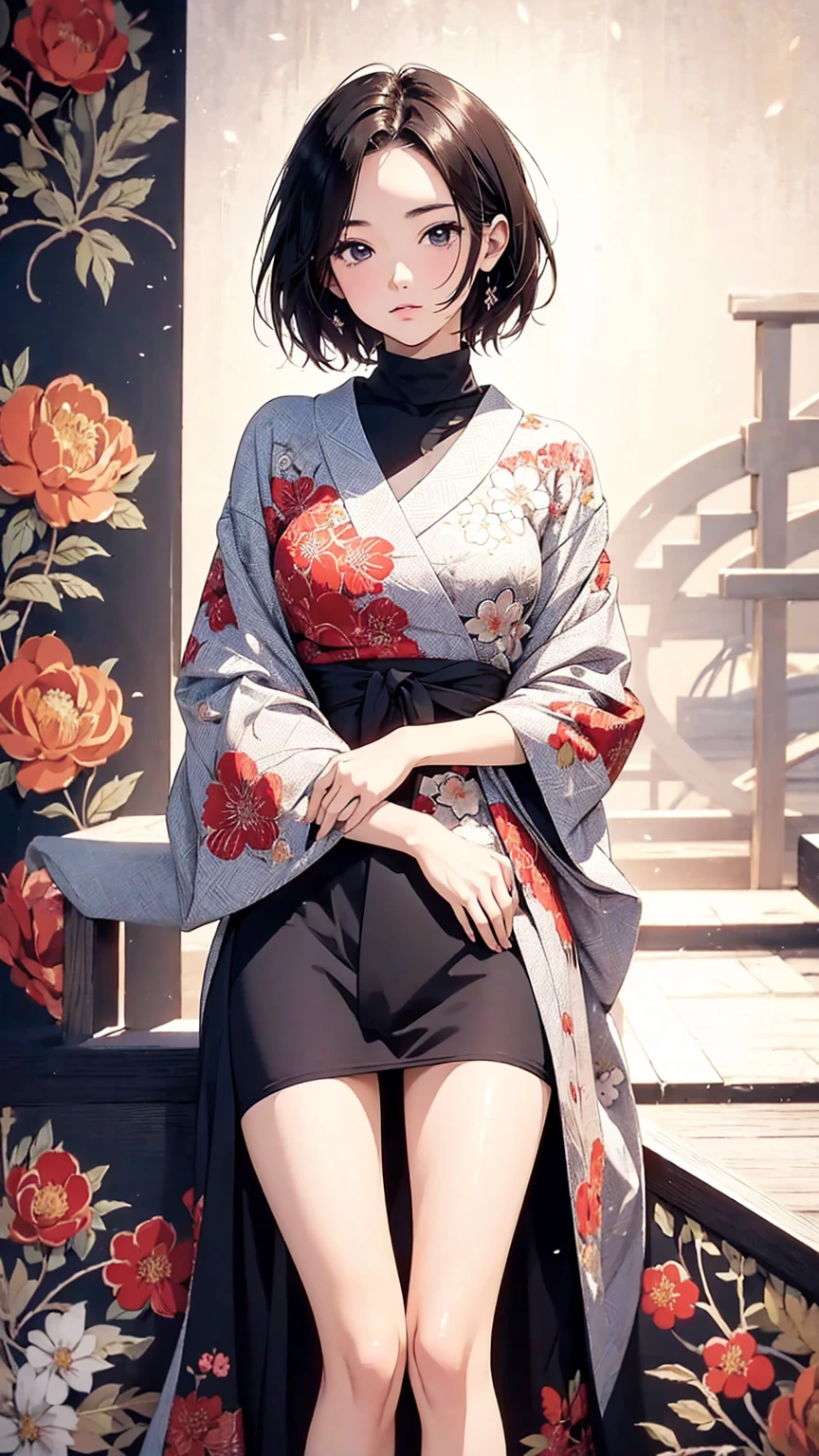 (masterpiece, High resolution, Highest quality), 20-year-old woman, Glamorous posing, Asymmetrical Short Hair, A Japanese-patterned haori over a turtleneck:1.2, Japanese pattern micro mini shorts:1.2, Petal Collage, abstract design, artistic juxtapositions, Geometric pattern, And handle background, warm color, mixed-media approach, Anime Style, Simple lines, Digital Painting,