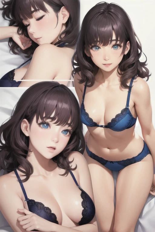 girl,Character design sheet,Beautiful attention to detail,Beautiful lip detail,Very detailed目と顔,Long eyelashes,Realistic,photoRealistic:1.37,Very detailed,Professional,Vibrant colors,Studio Lighting,Sharp focus,Physically Based Rendering,High resolution,超High resolution. blue eyes,Big eyes， Long Hair，Curly hair、Black Hair，Red cheeks，Droopy eyes，Small breasts，underwear，bed，Sleeping together