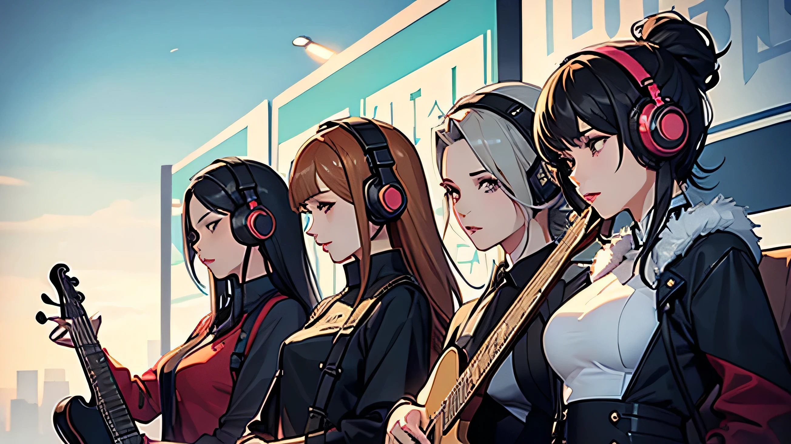 An all-female band featuring elegant ladies。Wearing a gaming headset