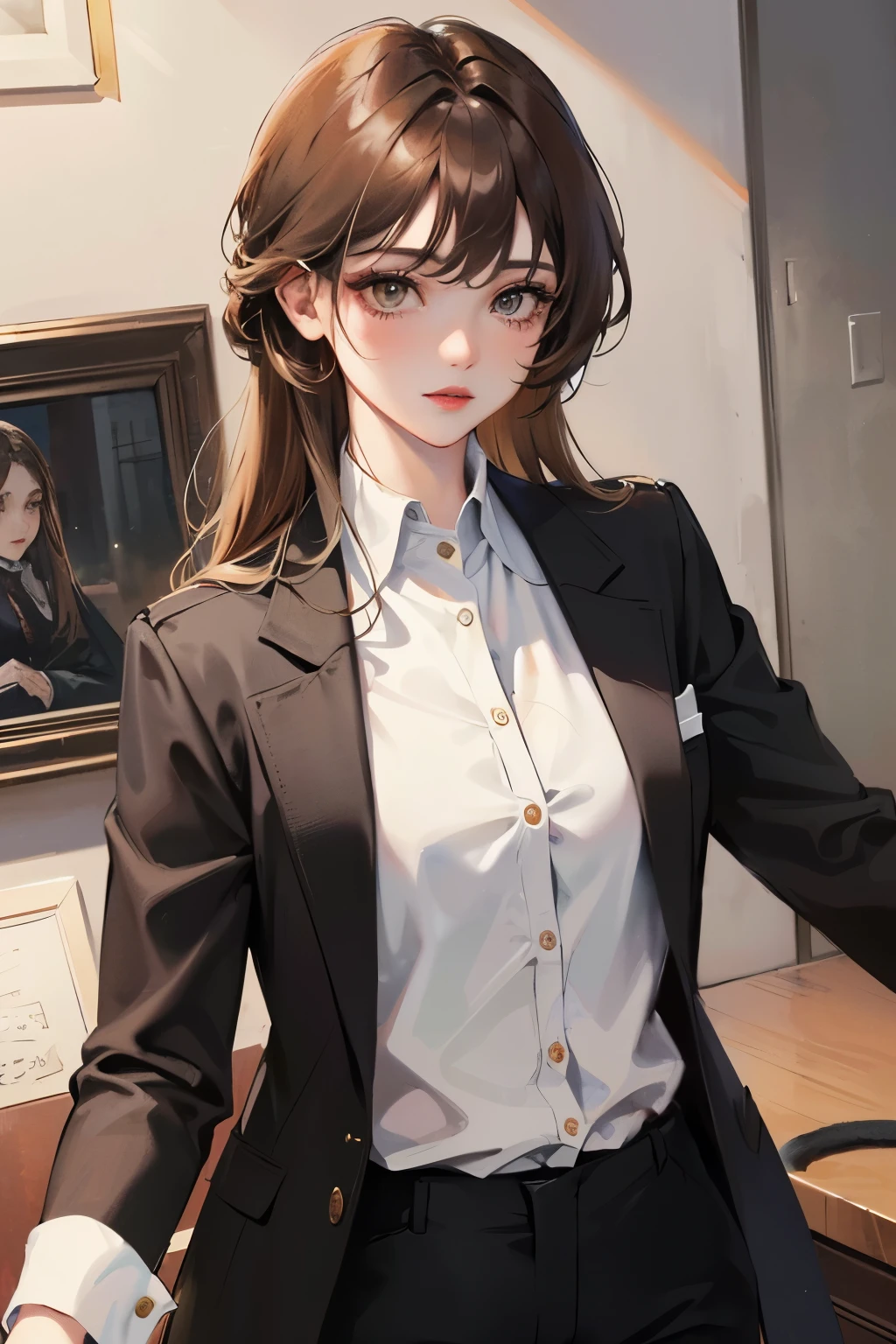 ((best qualityer)), ((work of art)), (detailded), girl with bright dark brown eyes, long brown hair with blonde ombré highlights at the ends, Caucasian skin, rosy cheeks, red lips, cat eyeliner, wearing dark brown tailored pants, a dark brown blazer, white dress shirt tucked into pants, elegant women&#39;s bag, confident pose, inside the mall, shorty with 1,50 tall and wide hips, fully body, semi realistic anime korean manhwa style, open blazer, as if a fox turned into a human, mysticism, mysterious.