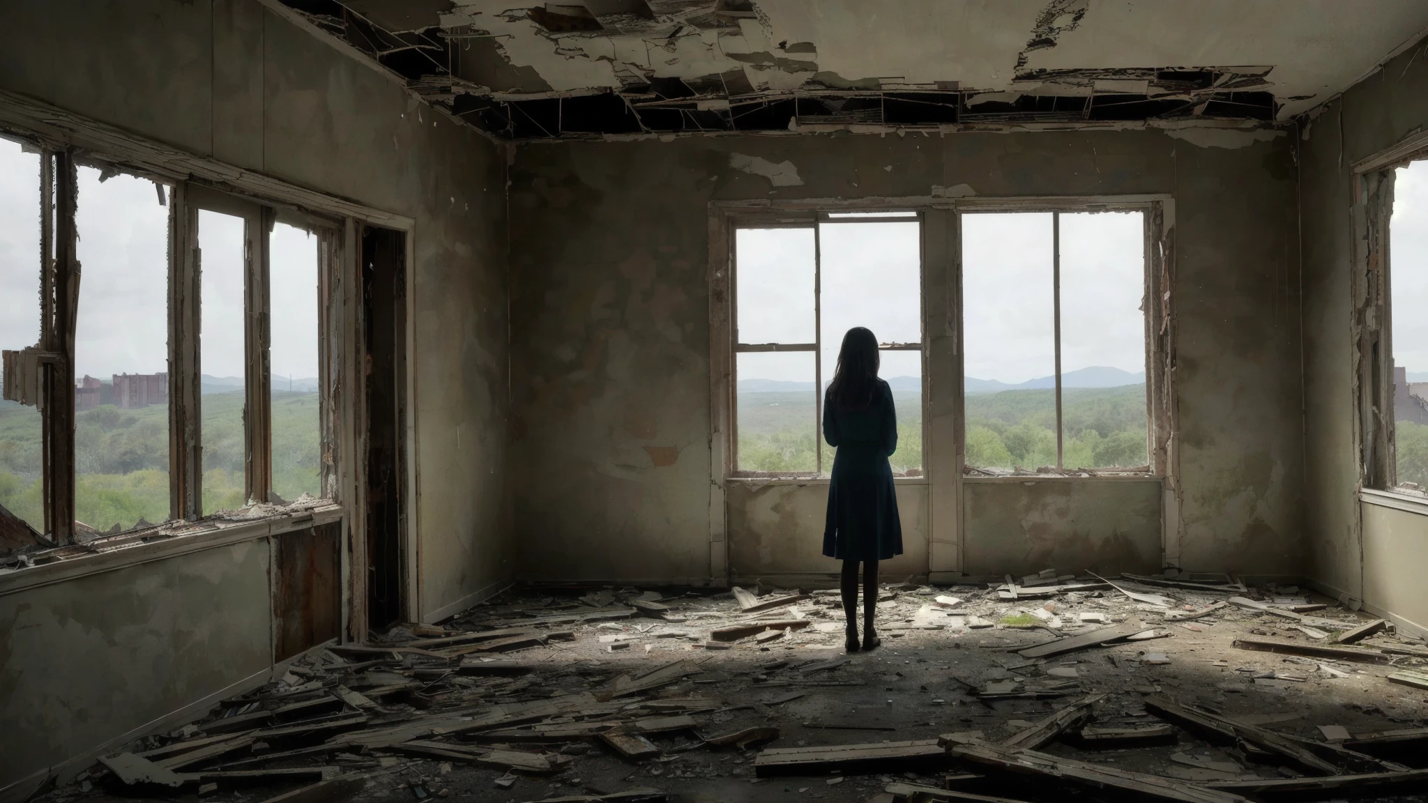 arafed woman standing in an abandoned building staring outside a window, standing in an abandoned building, in an abandoned and desolate house, standing in ruins, I looked at the big window, looking out of the window, staring outside a window, in an abandoned house, in ruins, staring outside the window, inspired by Elsa Bleda, staring outside, staring outside window, near a window window