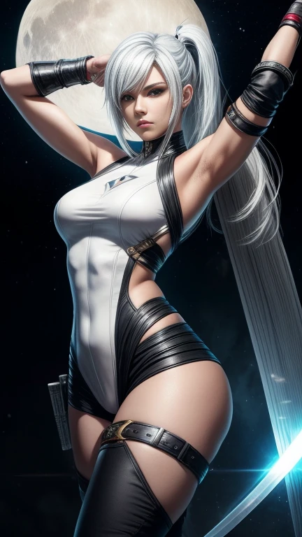 a closeup of a person in costume with a sword, as a tekken character, female character, Tifa Lockhart with white hair, katana zero video game character, moon themed outfit, kda, Skinny body, cyborg - girl with silver hair, upper body avatar, fashion game screenshot, Fighting game character, New Character, maiden elisea floralpunk, sigma woman  sexy clothing