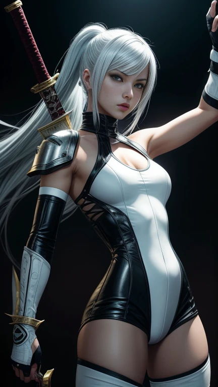 a closeup of a person in costume with a sword, as a tekken character, female character, Tifa Lockhart with white hair, katana zero video game character, moon themed outfit, kda, Skinny body, cyborg - girl with silver hair, upper body avatar, fashion game screenshot, Fighting game character, New Character, maiden elisea floralpunk, sigma woman transparent sexy clothing